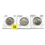 x3- Franklin half dollars: 1948, 1948-D, 1950-D,