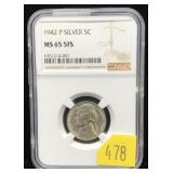 1942 nickel, NGC slab certified MS-65 F.S.