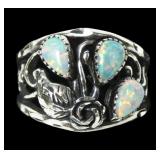 Sterling silver lab opal three-stone ring, new,