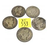 x5- Barber quarters, mixed dates, -x5 quarters,