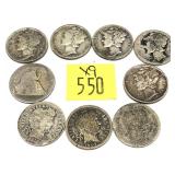 x9- Barber, Seated Liberty, Mercury dimes, -x9