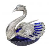 Silver plated/cobalt blue swan bowl/dish,