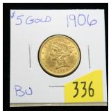 1906 $5 Gold Liberty Half Eagle, BU