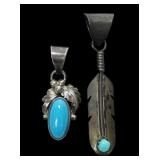 Lot, two sterling silver turquoise pendants, one
