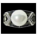 Sterling silver 10mm pearl ring with pave CZ