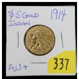 1914 $5 Gold Indian Head Half Eagle, AU+