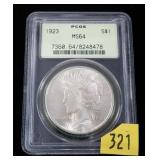 1923 Peace dollar, PCGS slab certified MS-64
