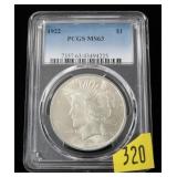1922 Peace dollar, PCGS slab certified MS-63