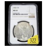 1923 Peace dollar, PCGS slab certified MS-63