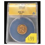 1960 Lincoln cent, ANACS slab certified MS-64 RD