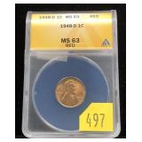 1948-D Lincoln cent, ANACS slab certified MS-63 RD