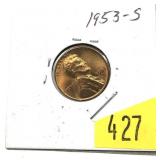 1953-S Lincoln cent, Unc.