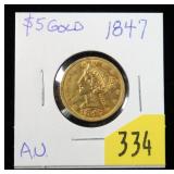 1847 $5 Gold Liberty Half Eagle, AU
