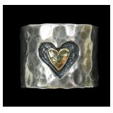 Sterling silver wide hammered band ring with gold