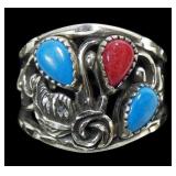 Sterling silver dentil set turquoise and coral