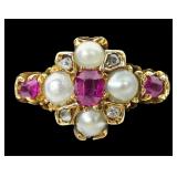 14K Yellow gold antique ruby, pearl and diamond