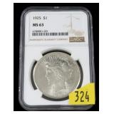 1925 Peace dollar, NGC slab certified MS-63