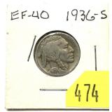1936-S Buffalo nickel