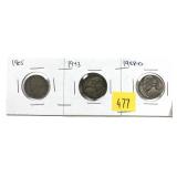 Lot, 3 Type nickels: 1905, 1943, 1958-D