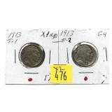 x2- 1913 Buffalo nickels, Type I, Type II -x2