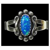 Sterling silver dentil set lab blue opal, size 7