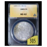 1885-O Morgan dollar, ANACS slab certified MS-62