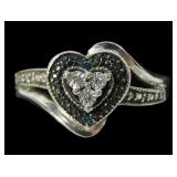 Sterling silver heart shape diamond cluster ring