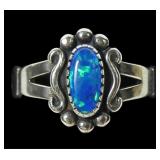 Sterling silver dentil set blue lab opal ring,