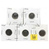x5- Mercury dimes, 90% silver, -x5 dimes, Sold by