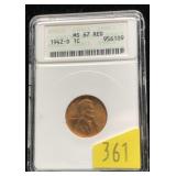 1942-D Lincoln cent, ANACS slab certified MS67 RD