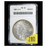 1881-O Morgan dollar, ANACS slab certified MS-62