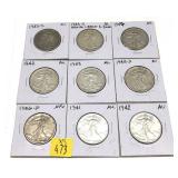 x9- Mixed date Walking Liberty half dollars,