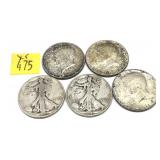 x5- Half dollars, 90% silver, -x5 half dollars,