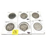 x6- Half dollars, 90% silver, -x6 half dollars,