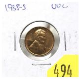 1938-S Lincoln cent, Unc.