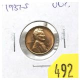 1937-S Lincoln cent, Unc.