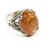 Sterling silver cabochon peach colored stone ring,