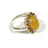 Sterling silver oval cabochon yellow jade ring