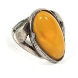 Sterling silver cabochon custard amber ring,