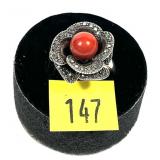 Sterling silver marcasite rose ring with carnelian
