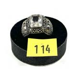 Sterling silver bezel set rectangular mixed cut