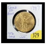 1947 Mexico Gold 50 pesos, 90% Gold, Unc.