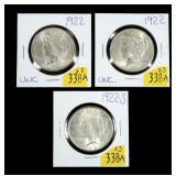 x3- Peace dollars, BU: 1922, 1922, 1922-S,