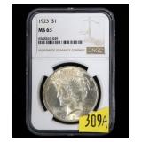 1923 Peace dollar, NGC slab certified MS-63