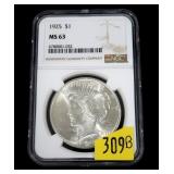 1925 Peace dollar, NGC slab certified MS-63