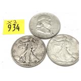 x3- Half dollars, 90% silver, -x3 half dollars,