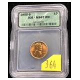 1955-S Lincoln cent, ICG slab certified MS67 RD
