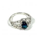Sterling silver claw set oval blue paua ring, new,