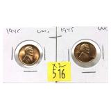 x2- 1945 Lincoln cents, Unc., -x2 cents, Sold by