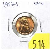 1953-S Lincoln cent, Unc.